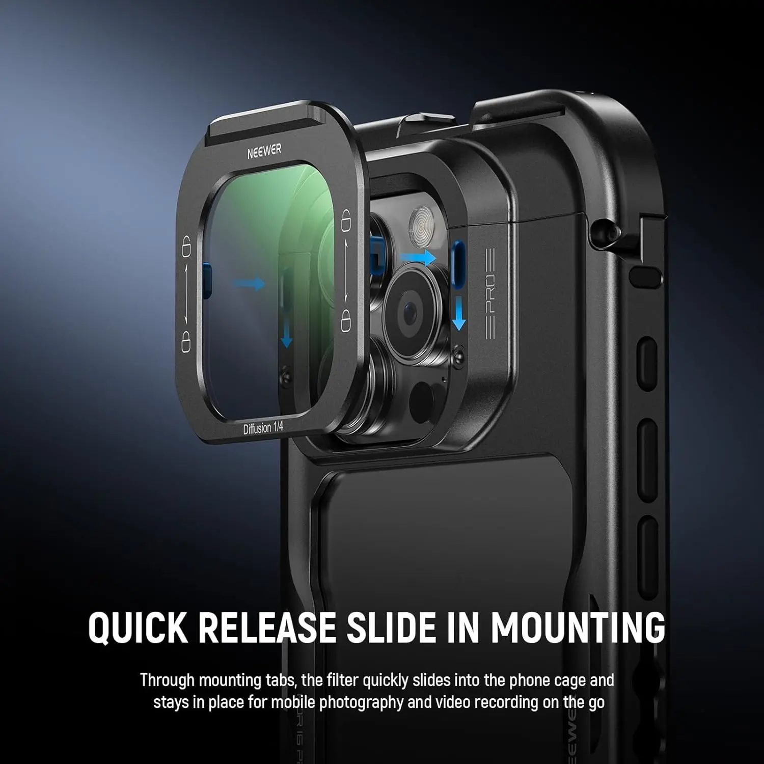 NEEWER 1/4 Black Diffusion /ND8/ND16/ND84 Filter Lensa Ponsel, Filter Kabut Lepas Cepat Untuk iPhone 16 Pro /Pro Max Phone Cage