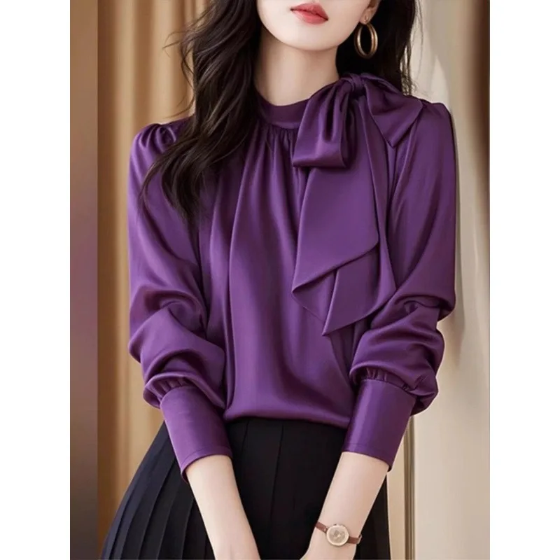 

Фиолетовая атласная блузка из ацетата для женщин: новая осенняя коллекция 2026 – стильная, уникальная и красивая рубашка с бантом для модных образов