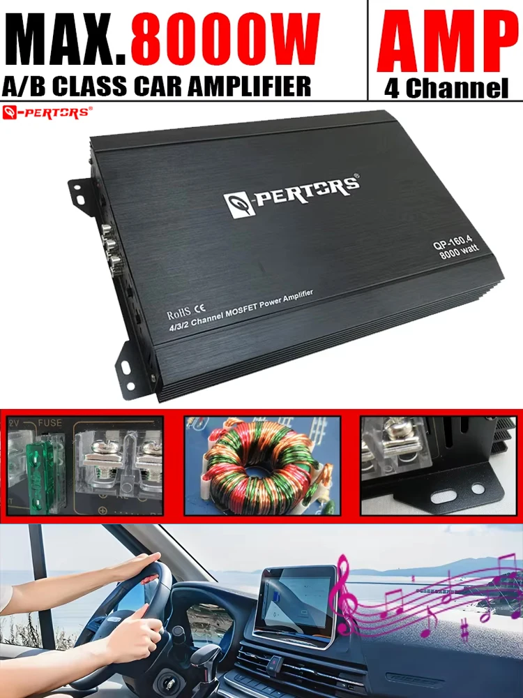 

Class A/B 4-Channel 12V Car Power Amplifier Digital Stereo Surround Passive Subwoofer Audio Player For Cars Speaker Max 8000W