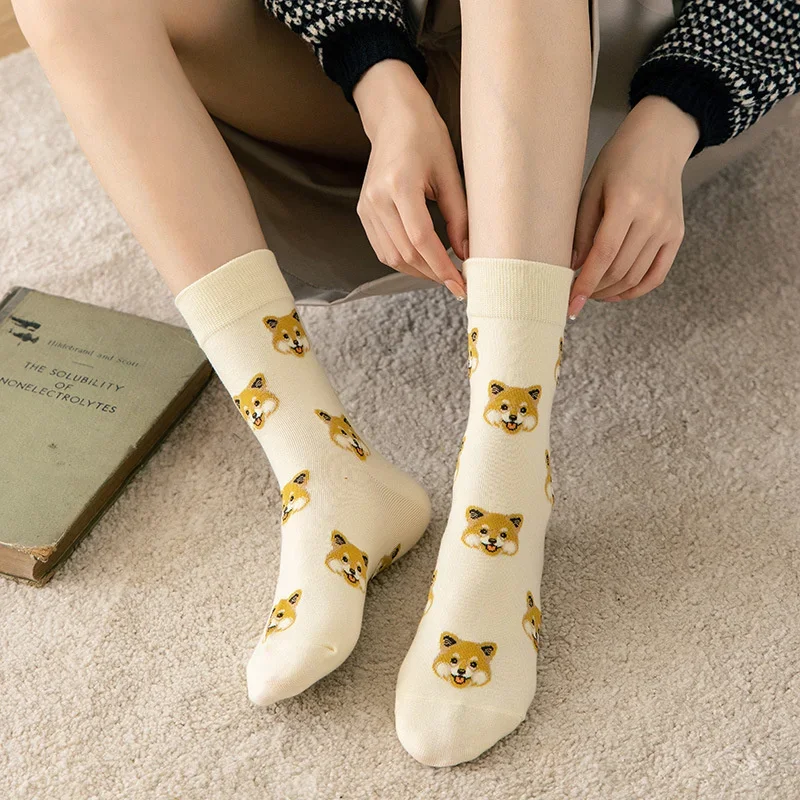 Meias para cães dos desenhos animados para mulheres, Meias Femininas Criativas INS Japonês, Shiba Inu Kawaii Sock, Meia de Tubo Médio, Bonito