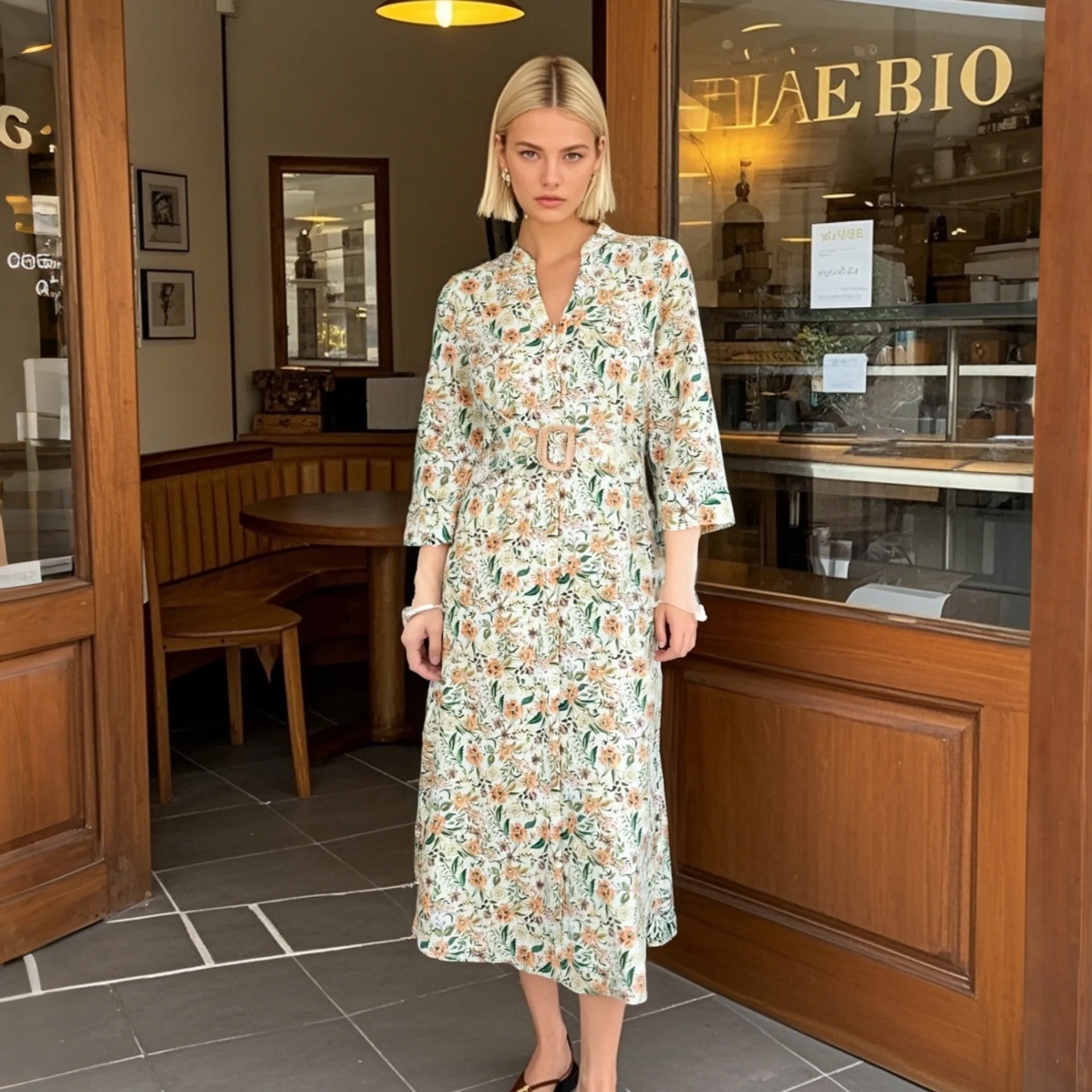 

2025 Women's V Neck Three Quarter Sleeve Floral Print Button Front Dress with Belted Waist for Female