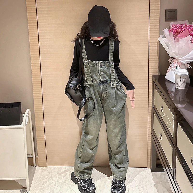 

Kids Denim Overalls Autumn Casual Teenage Streetwear School Girls Jeans Fashion Loose Children's Suspenders Pants 10 12 13 Years