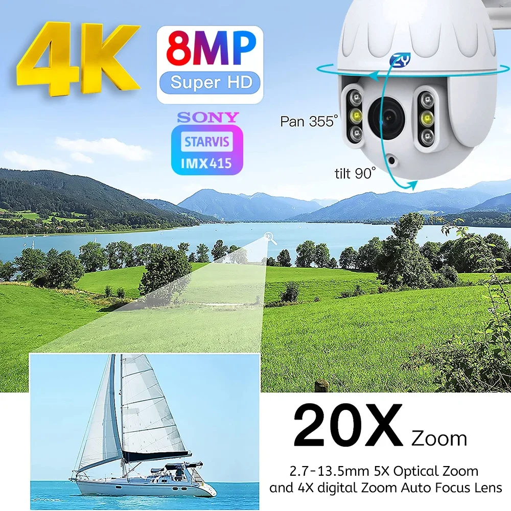 8MP 4K WiFi PTZ Camera 5X Optical Zoom Outdoor 4K Sony IMX415 Auto Tracking IP Camera Color Night Vision Audio CCTV Surveillance