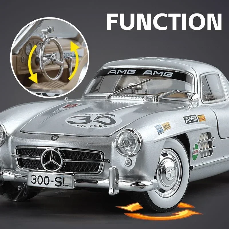 1:24 Mercedes Benz 300SL Refit Alloy Vintage Classic Cars Diecast Metal Scale Car Model Sound＆Light Children Toy Vehicles Gifts