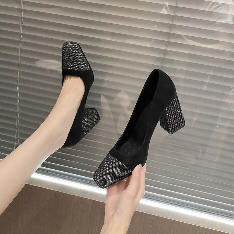 

2025 Spring Autumn Black Comfortable Square Toe Chunky Heel Rhinestone Soft Sole Womens High Heels Shoes