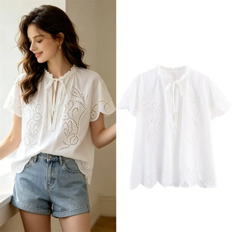 

Women's Shirt 2026 Summer New White Short Sleeve Embroidered Loose Pullover Top Casual Fashion Versatile Style