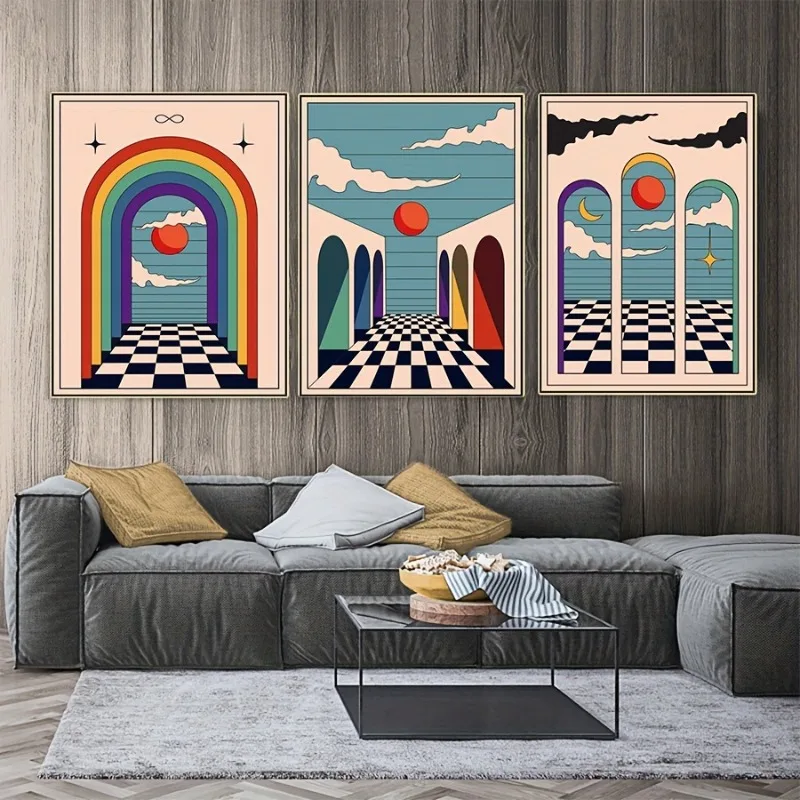 3pcs Bohemian Hippie Style Canvas Print Posters, Abstract Arches and Architectural Canvas Wall Art Paintings, Artwork Painting