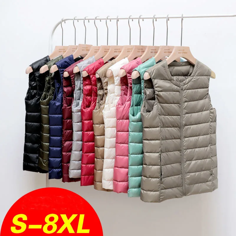 

8XL Autumn Winter Women Sleeveless Waistcoat Warm Puffer Jacket Ultra Light White Duck Down Vest Female Short Oversize Outwear