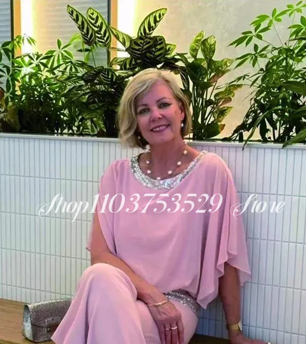 Fashion Mother of the Bride Gowns Pink Elegant Round Neck Chiffon Tailored Pants Suit Dress vestido de festa de casamento