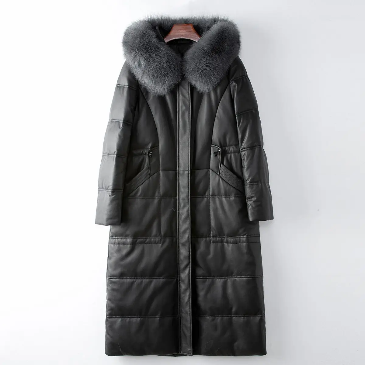 

2024 genuine leather sheepskin long leather down jacket winter women's fur collar goose down jacket