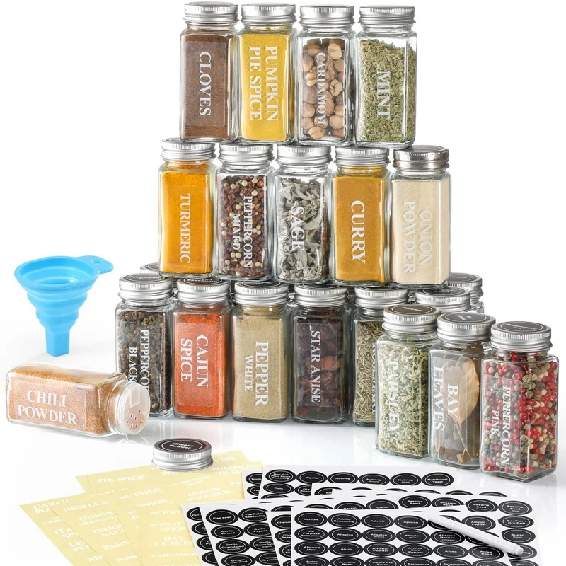 Glass Spice Jars With Labels Empty Square Spice Bottles Containers, Condiment Pot - Shaker Lids And Airtight Metal Caps Durable