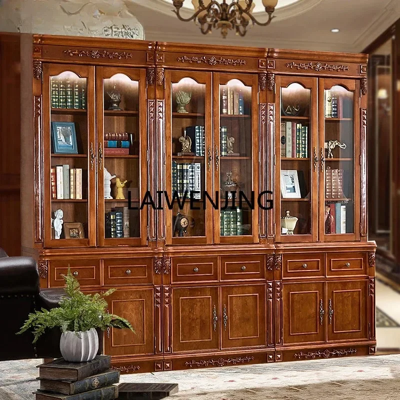 

HLZ bookcase with glass door European solid wood retro bookcase living room dust floor display locker