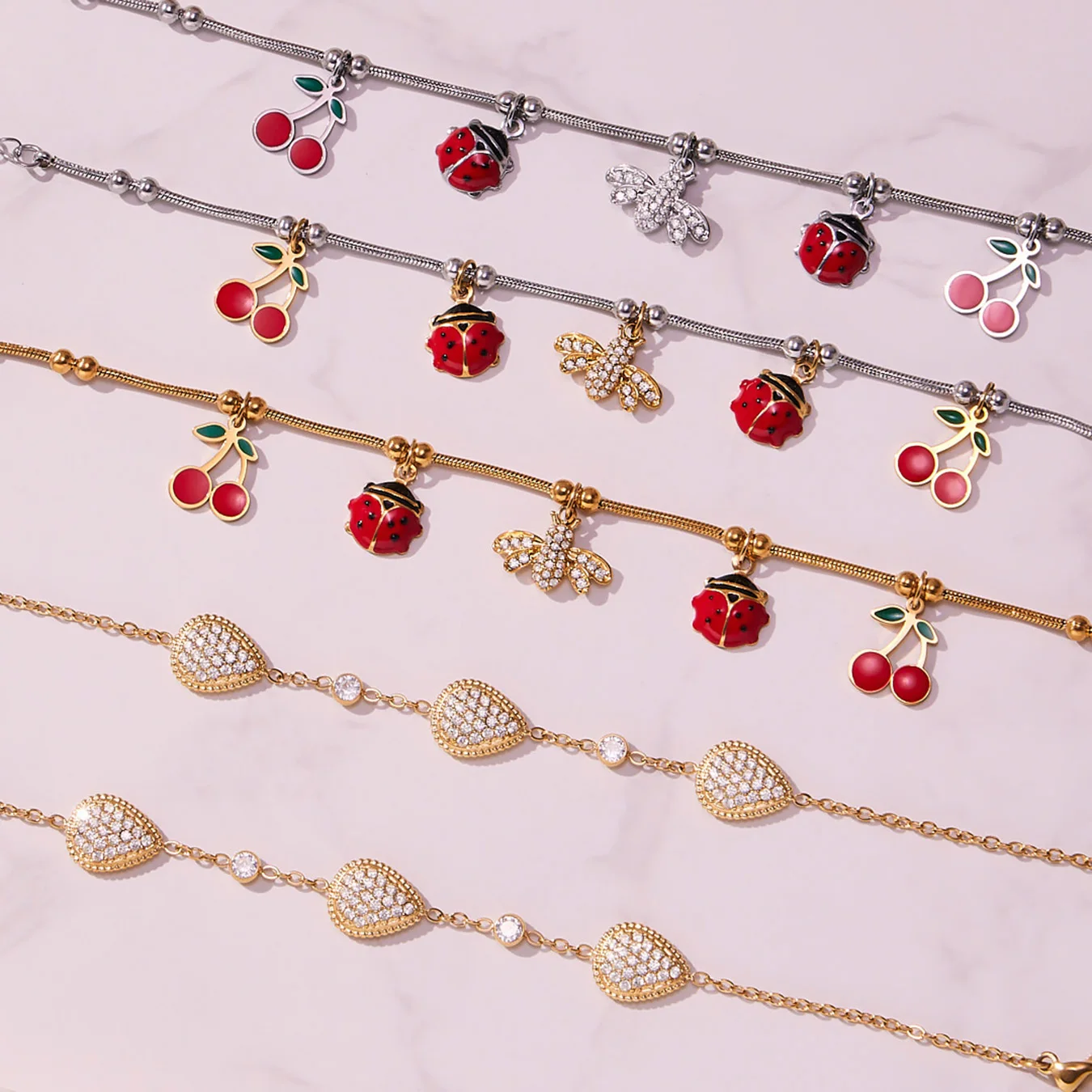 Liora مكعب زركونيا Waterdrop النساء أساور الفولاذ المقاوم للصدأ الحشرات النحل الكرز قطرة سحر Pulsera مجوهرات الزفاف الزفاف #3