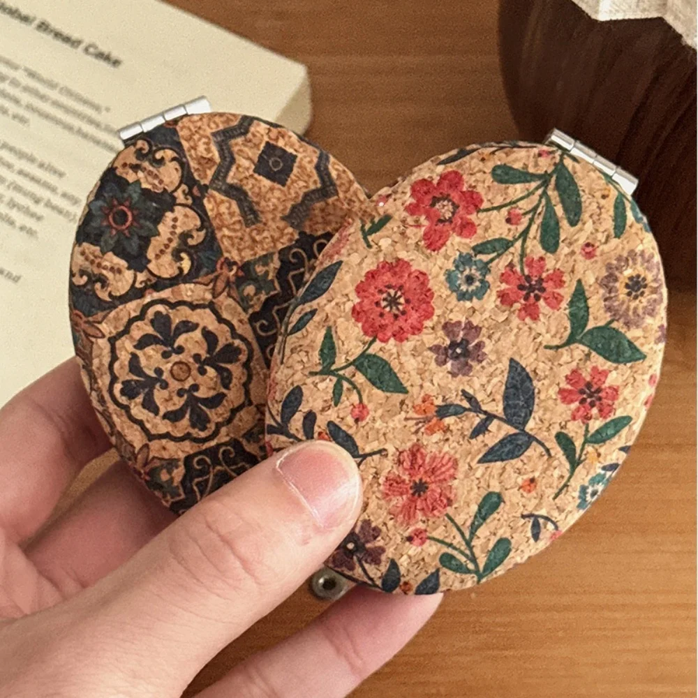 Lusterko do makijażu z korku w stylu vintage, składane, dwustronne, kosmetyczne, ręczne, mini lusterko kieszonkowe, owalne lusterko dla kobiet i dziewcząt.