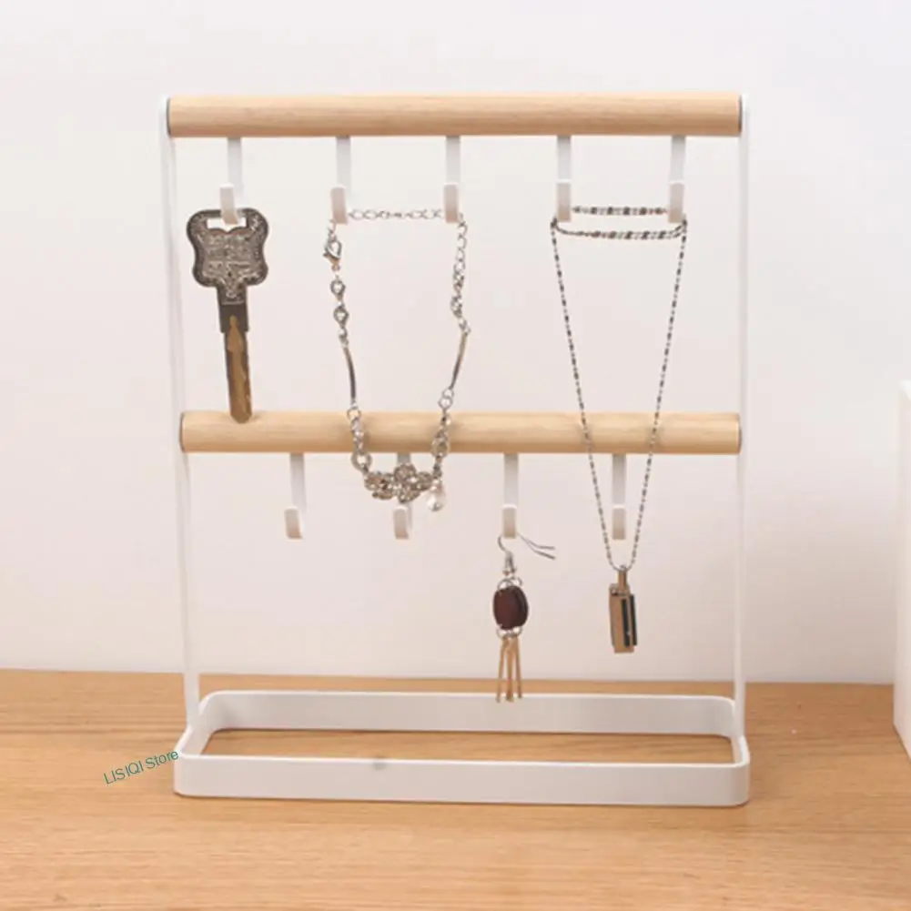 2022 Desktop Wrought Iron Jewelry Rack Wooden Ring Earring Tray With Hook Bracelet Watch Key Storage Shelf Jewelry Display Stand