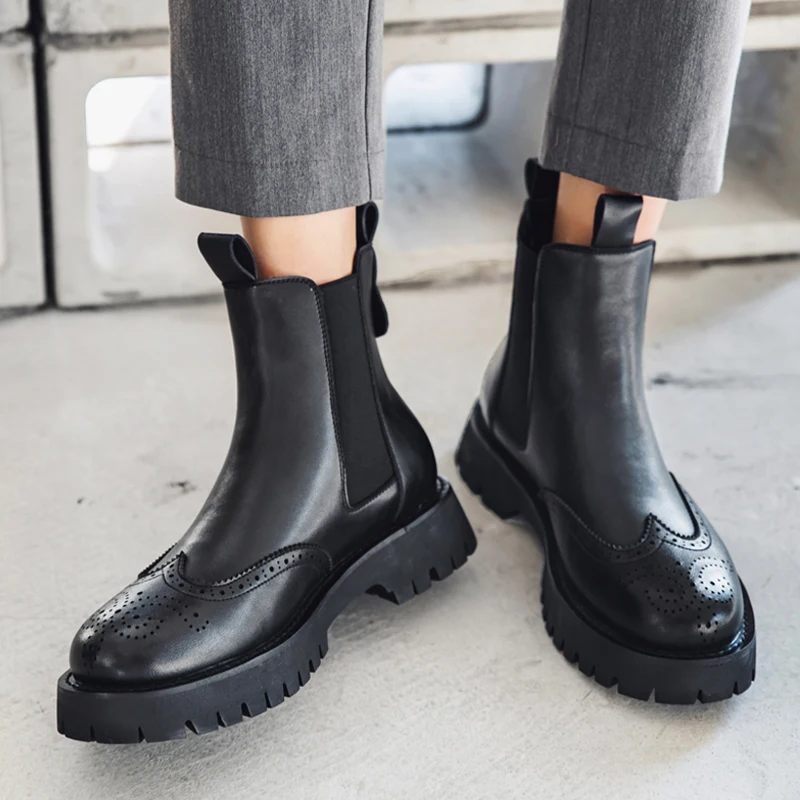 

brand designer mens fashion party nightclub chelsea boots genuine leather brogue shoes bullock platform boot cowboy ankle botas
