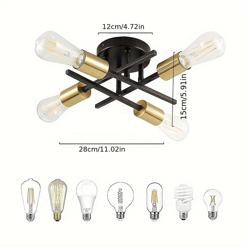 Modern Semi Flush Mount Ceiling Light Fixture Black & Gold 4 Lights Sputnik Close to Ceiling Light Chandelier Ceiling Lamp