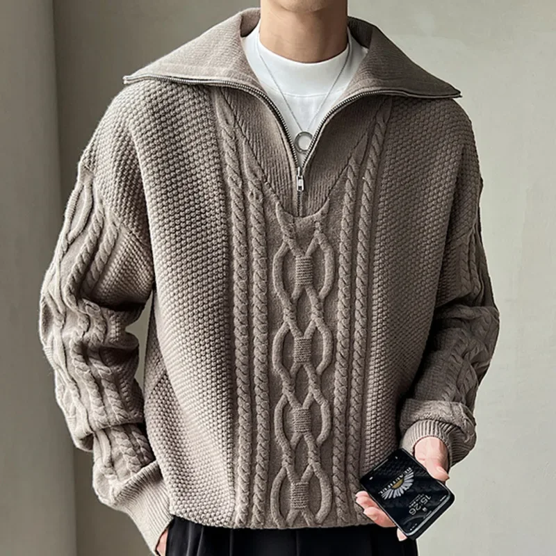 

High Quality Large Lapel Pullover Sweater Black White Coarse Zipper Knitted Sweater For Men Pull Homme Men Winter Sweater Brand