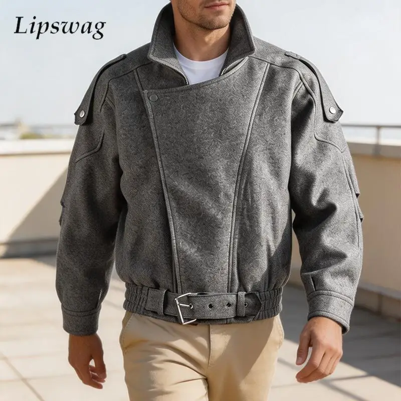 Spring Autumn Vintage Woolen Coats Men Streetwear Fashion Solid Color Zip-up Jacket Coat Stylish Turn-down Collar Outerwear