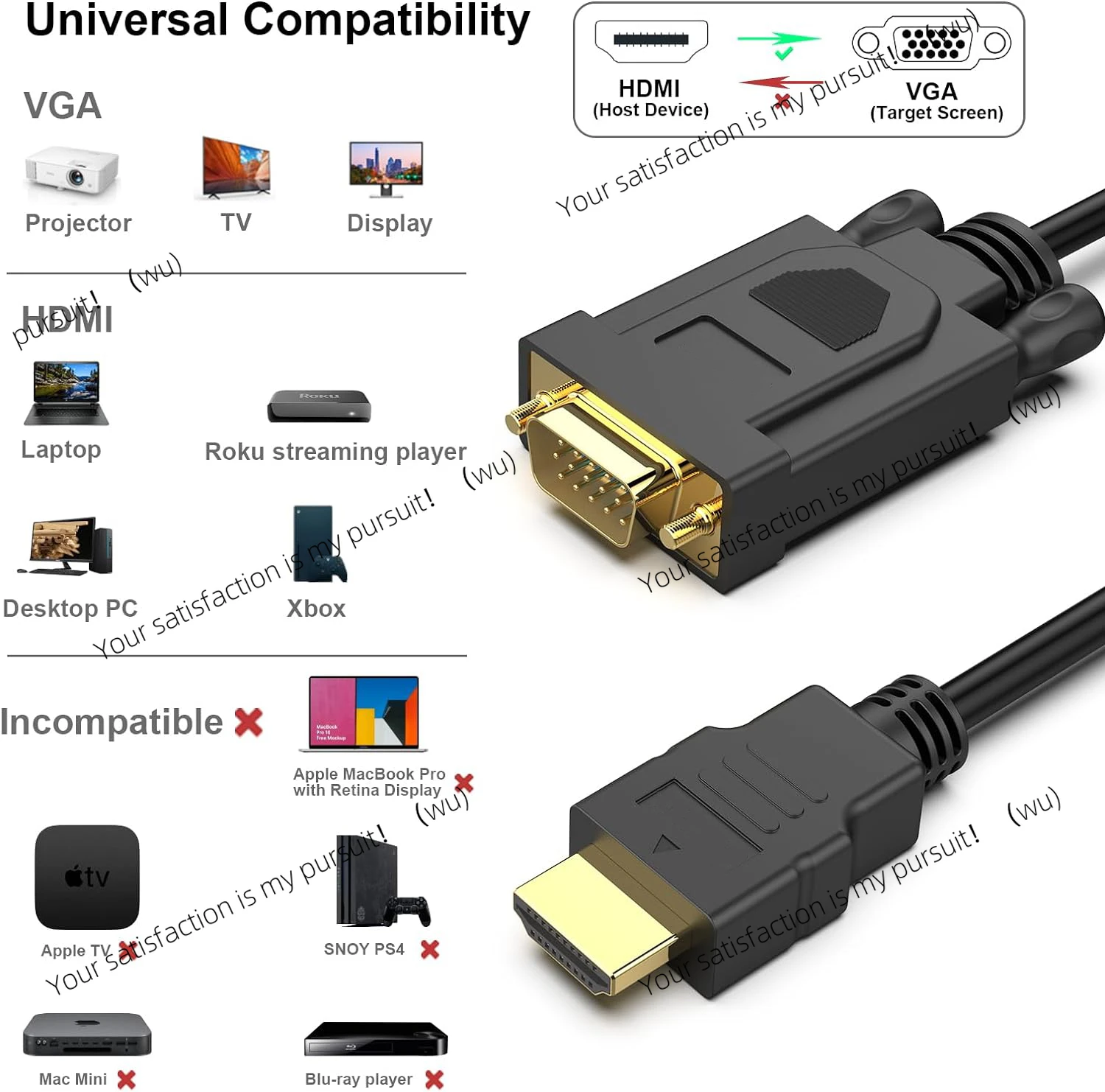HDMI cable 1 meter, one-way HDMI source device to VGA monitor, public-to-public connection, suitable for projectors, etc