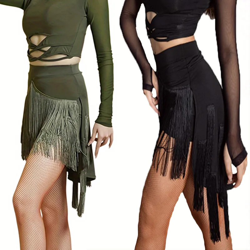 Latin Dance Skirt Adult Female Tassel Short Skirt Womens Square Dance Irregular Fringe Dress Black Practice Skirt Ballroom Dress