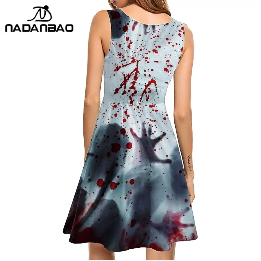 Nadanbao Women Halloween Dress Terror Blood Hand Print Sleeveless Dresses Summer Casual Party Clothes Elastic Ladies Outfit