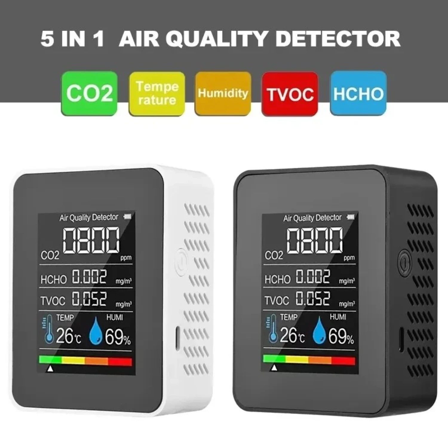 Multifunctional 5in1 Air Quality Monitor - Temperature, Humidity, CO2 Detection with TVOC and HCHO - Accurate Indoor Air Quality