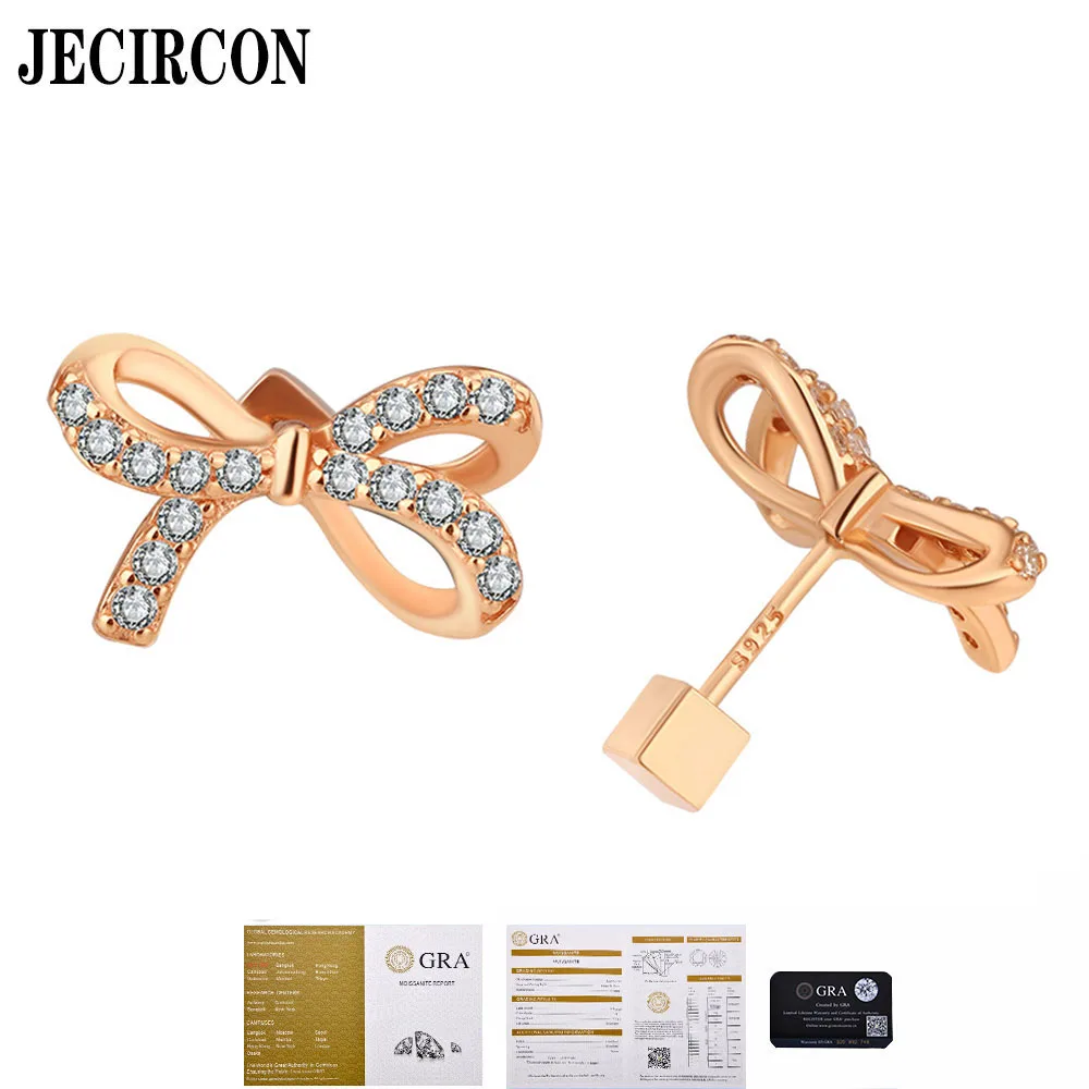 

JECIRCON S925 Sterling Silver Full Moissanite Earrings Temperament Fashion Bow Diamond Studs Square Screw Rose Gold Ear Jewelry