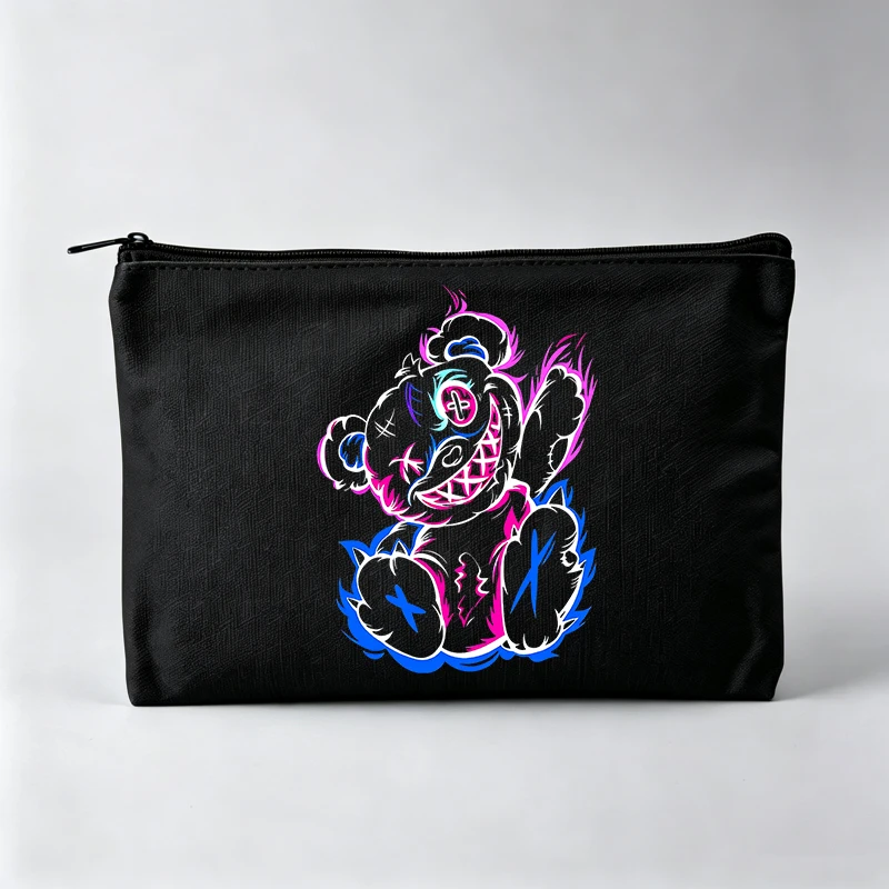 Women's Teddy Bear Graphic Makeup Bag with Flame Design, Zipper Cosmetic Pouch for Daily Use