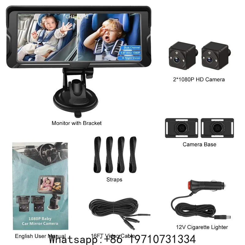 Car Baby Camera Dual Channel 6.8inch 1080P Display with 2 IR Night  Camera and 150° Wide View Angle Automotive Baby Camera