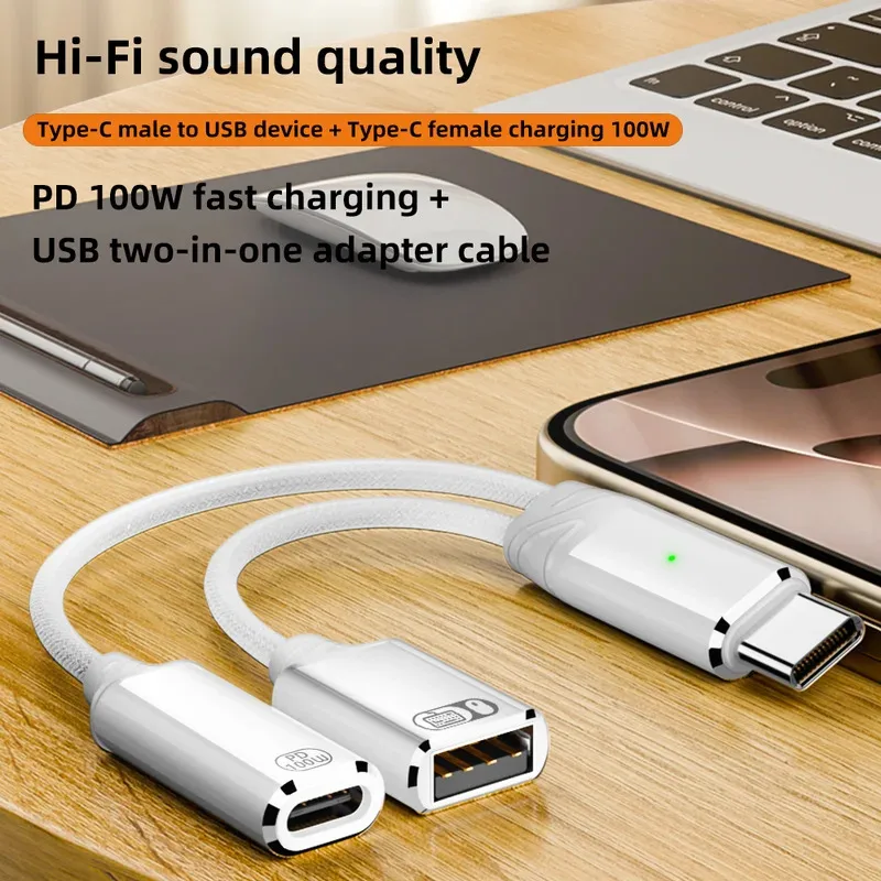 كابل USB C OTG 2 في 1 من النوع C إلى USB A مع منفذ شحن PD لهاتف Samsung Huawei Xiaomi والكمبيوتر المحمول والكمبيوتر اللوحي