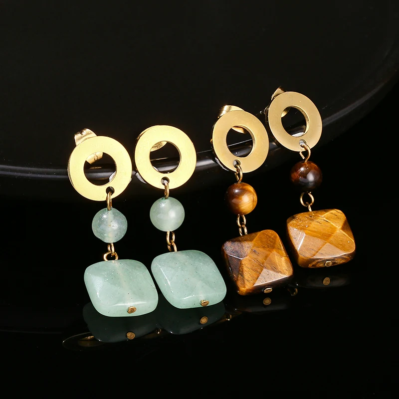 Change Better Faceted Natural Yellow Tiger Eye Green Aventurine Square Pendant Golden Earrings Women Bohe Chic Dangle Earrings