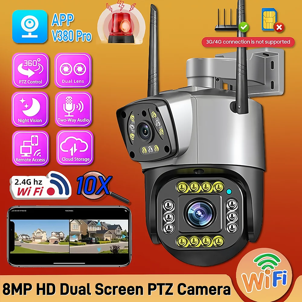 

Dual Lens WiFi IP Camera 8MP 4K Surveillance Cameras Wireless Outdoor Smart Home Night Vision V380 Digital Zoom PTZ CCTV Camara