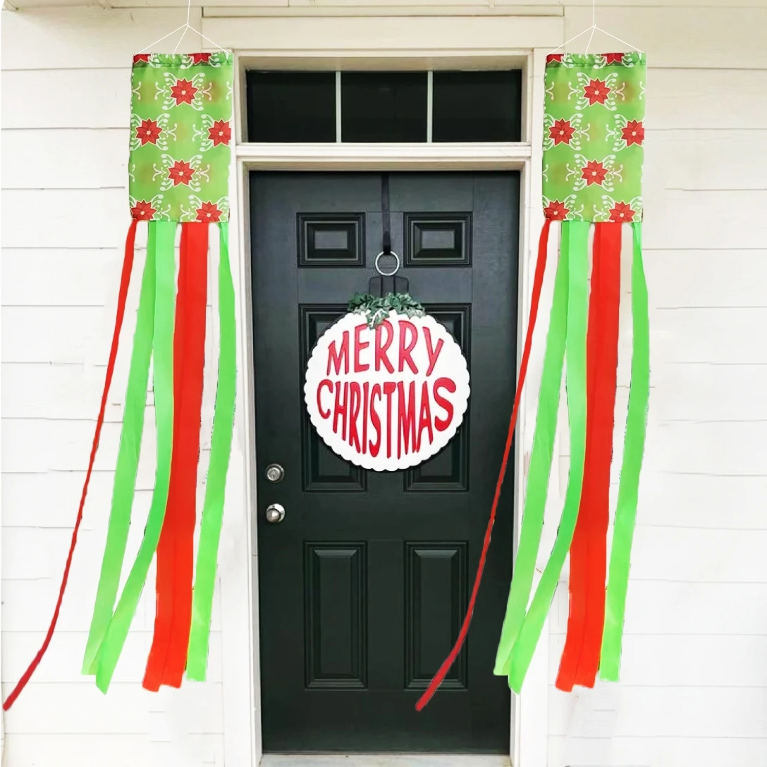 

Merry Christmas Poinsettia Floral Outdoor Windsock, Polyester material, Christmas Party Garden Celebration Garden Wind spinner