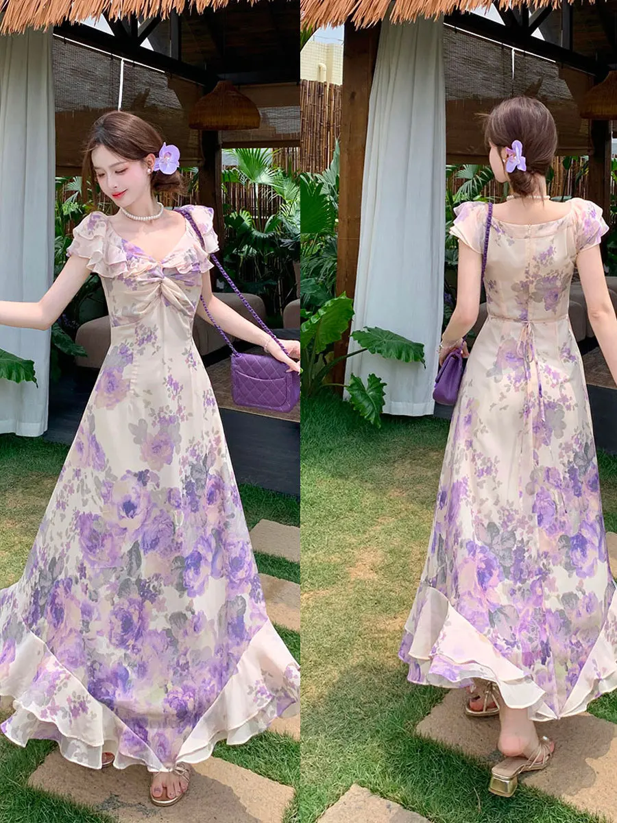 Grande taille été nouveau vent doux flocon de neige imprimé Dr femmes pause thé Dr dissimuler viande minceur a-ligne longue Dr