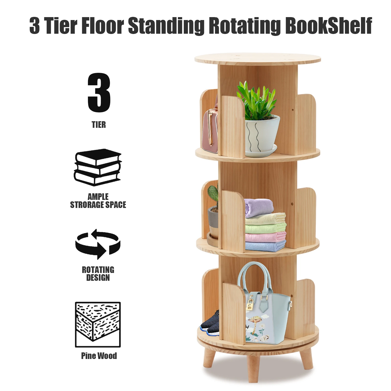

Revolving Bookstand, 360° Rotation, Pine Wood, Adjustable 1-3 Tiers, Steel Base, Great for Organizing Books, Magazines, and Smal