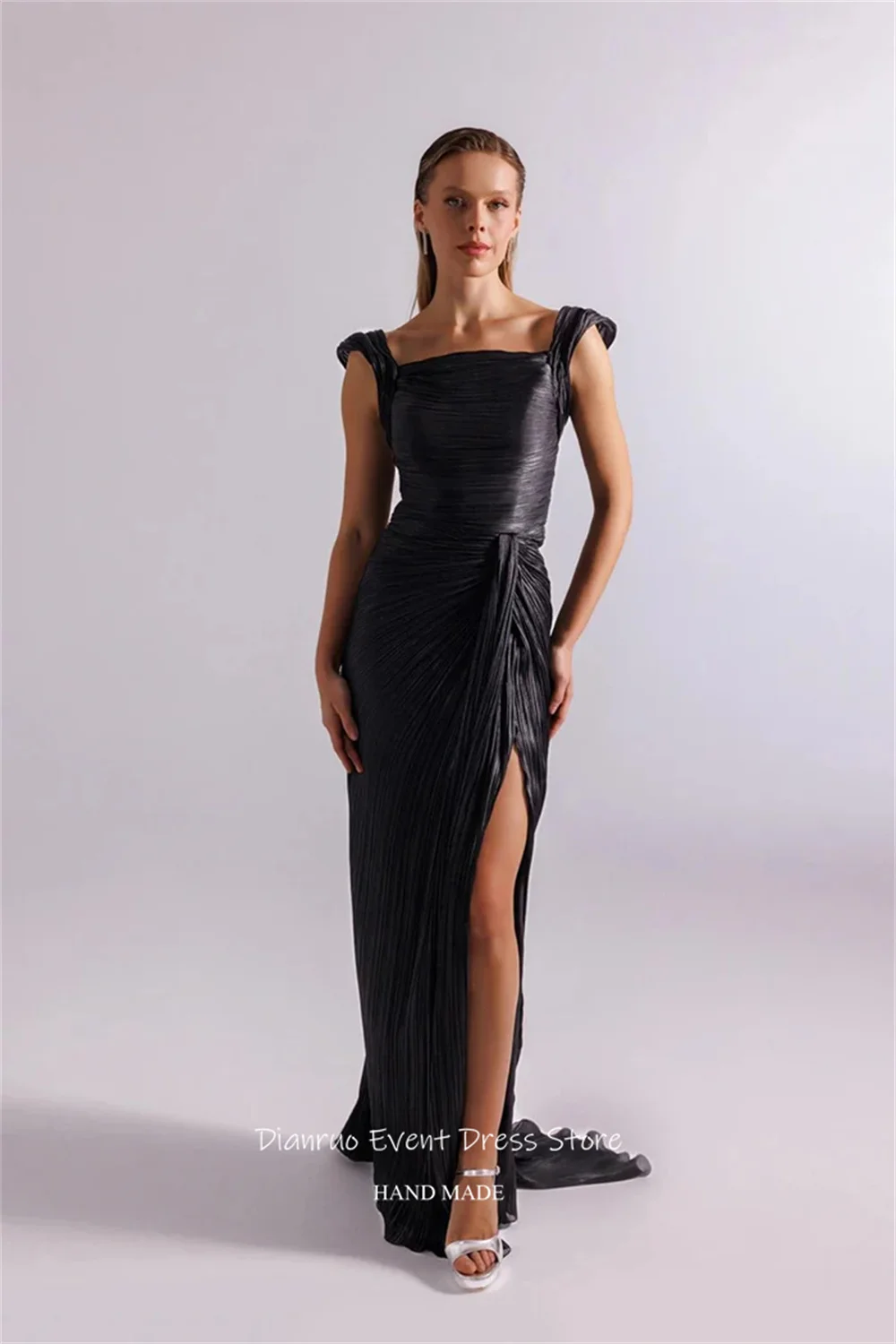 ชุดราตรี Dianruo สีชมพูฟูชั่น คอเหลี่ยม ผ้าชีฟอง แต่งระบาย ชุดเดรสออกงาน ผ่าข้างสูง ปี 2025 สำหรับผู้หญิง รับตัดตามสั่ง