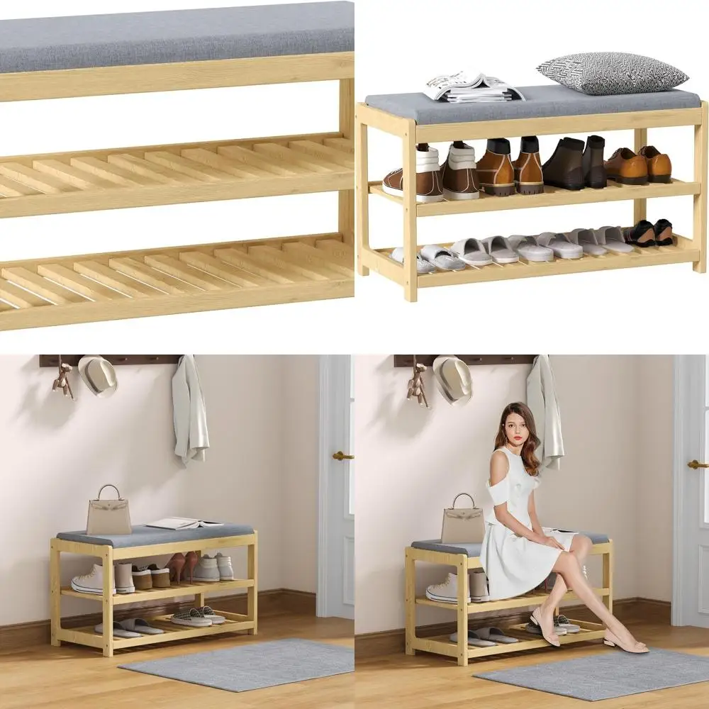 3-stöckige Schuhregalbank aus massivem Holz mit Stauraum, gepolstertem Sitz, für Eingangsbereich, Flur, Schmutzfänger – natürliches Finish