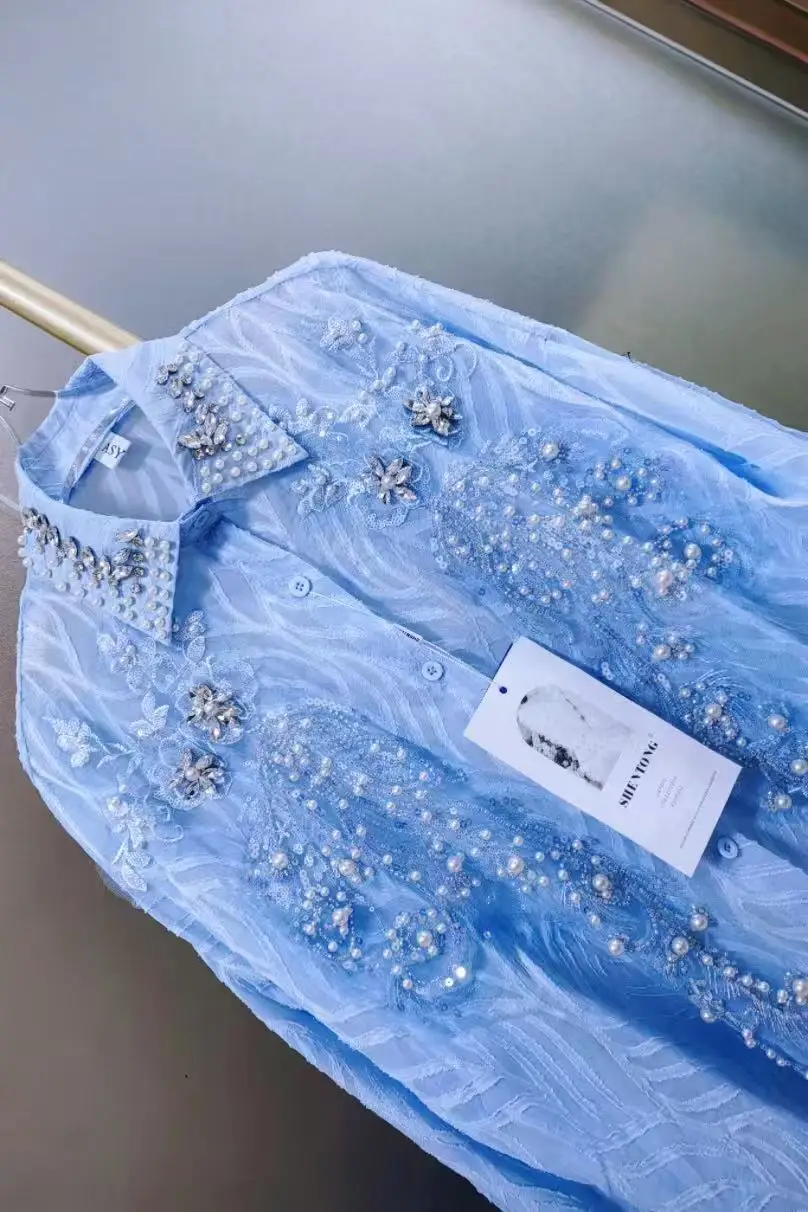 Luxury Pearls Beads Stitch Blue Blouses Shirts For Women 2025 Spring Summer New… - Image 5