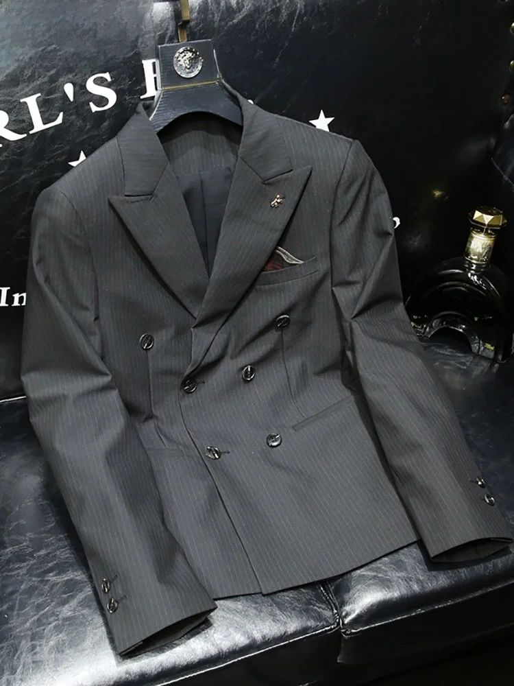 

Faionable Busin Striped Men's Suit Jaet Casual Wear Polyester Blend Spring Autumn New Arrival Ele Formal Dr Coat