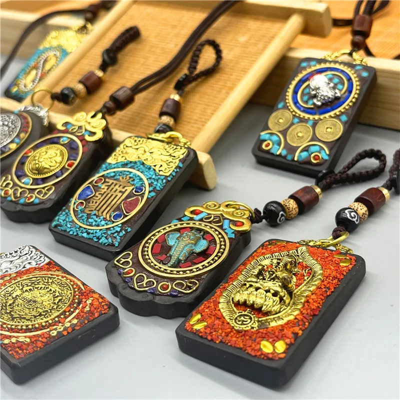 Tibetan Ethnic Handcrafted Sandalwood Amulet Necklace, Wealth Goddess Zakiram Guardian Thangka Pendant Blessing Jewelry