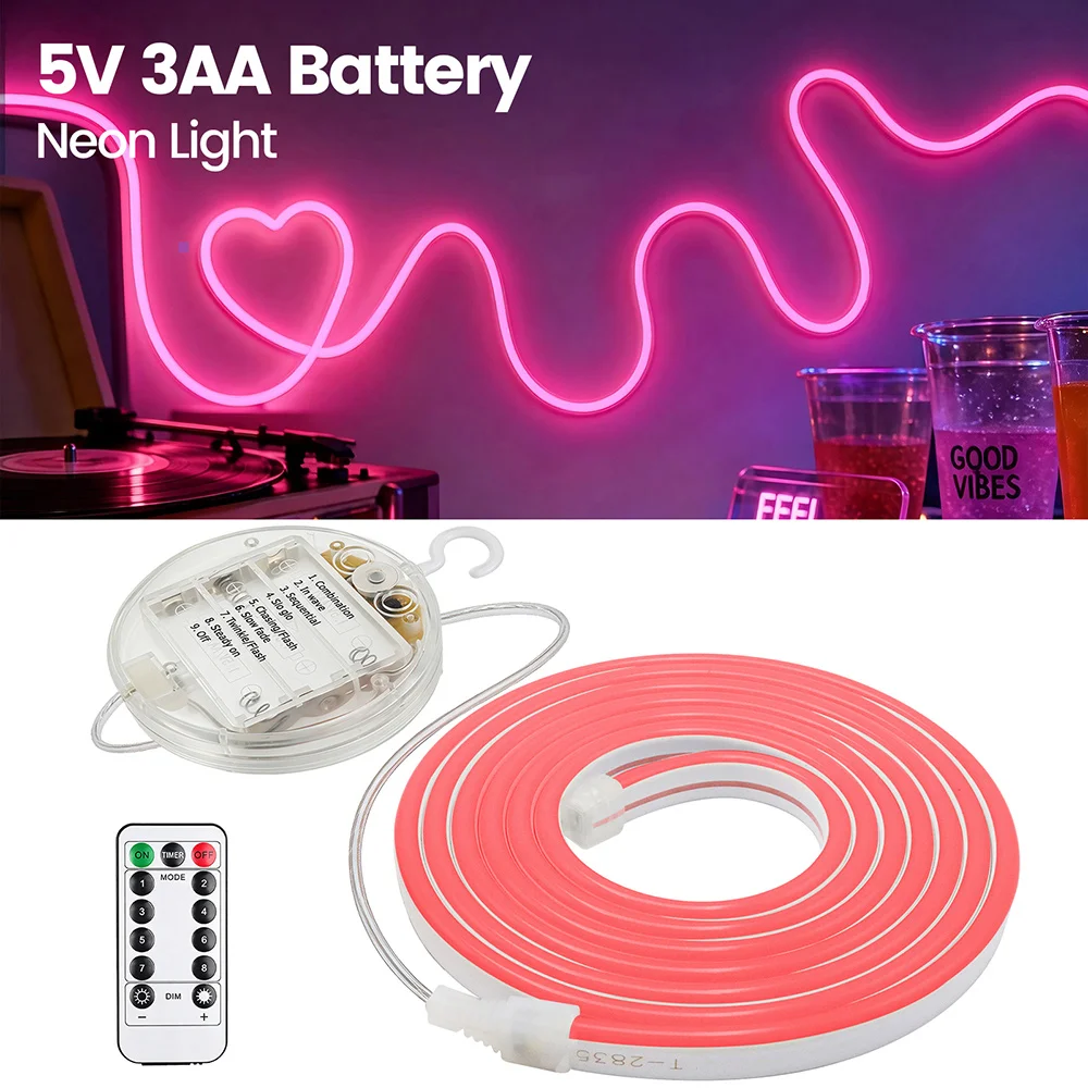 3AA Battery Power LED Neon Strip Light Neon Sign 13key Remote Control 5V Waterproof Rope Lights Flex Lamp 8 Colors Home Decor