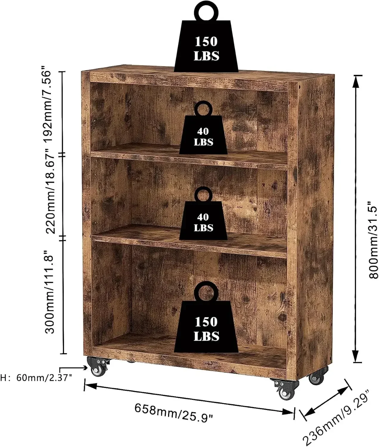 3-Tier Bookshelf with Wheels Book Storage Organizer Bookcase Floor Standing Fixed Shelves Adjustable Shelf Display Shelves