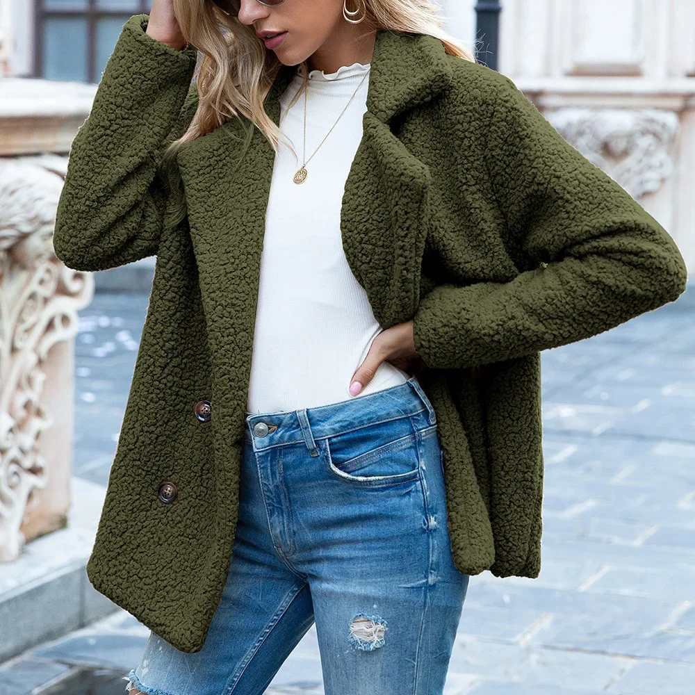 European and American Autumn and Winter Plush Splicing Coat, Solid Color Double Breasted Lapel Long-sleeve Casual Coat Women