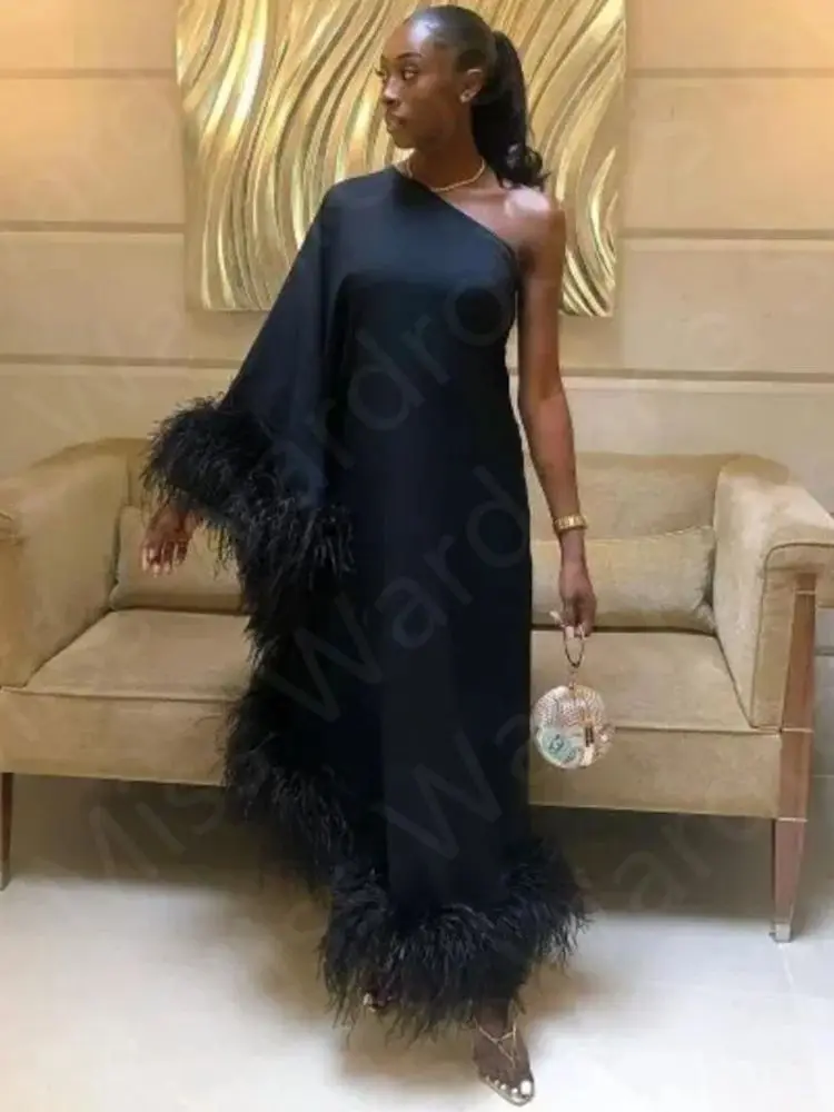 Customized Luxury Feathers Evening Dress Black Prom Party Gown Ankle Length One Shoulder Wedding Guest Gowns Arabic Long Sleeves