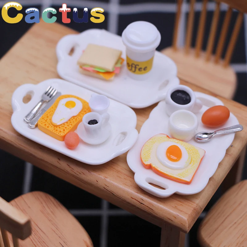 1Set 1:12 Dollhouse Miniatures Toast Bread Coffee Egg with Plate Kitchen Breakfast Food Model Simulation Decor For Children