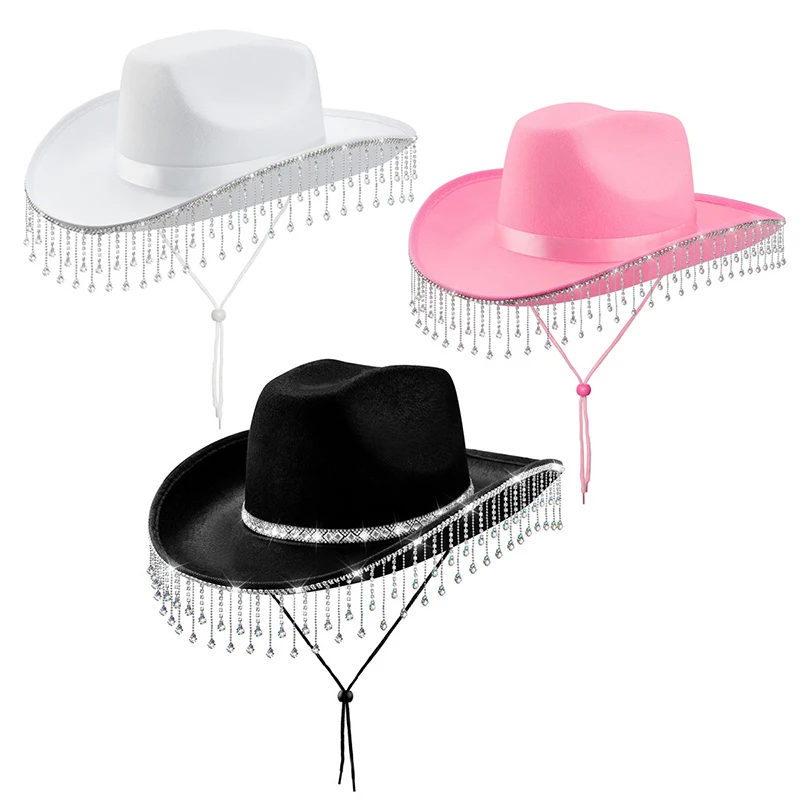 Chapeau de cowboy avec pompon pour femme, frange en biscuits, chapeau de cow-girl occidental, robe de soirée solide en cristal, chapeaux de mariée, chapeau haut de forme à la mode