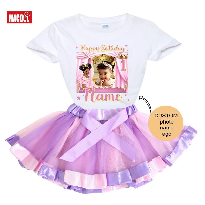 Girls1st Birthday Outfits Set Custom Photo Name Girl First Birthday Party Shirts Kids Dress Set Party Skirt T-shirt Child Suits