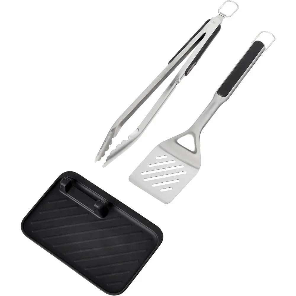 

3-Piece Grilling Tools Set: Tongs, Turner, Silicone Rest for Easy BBQ Cooking