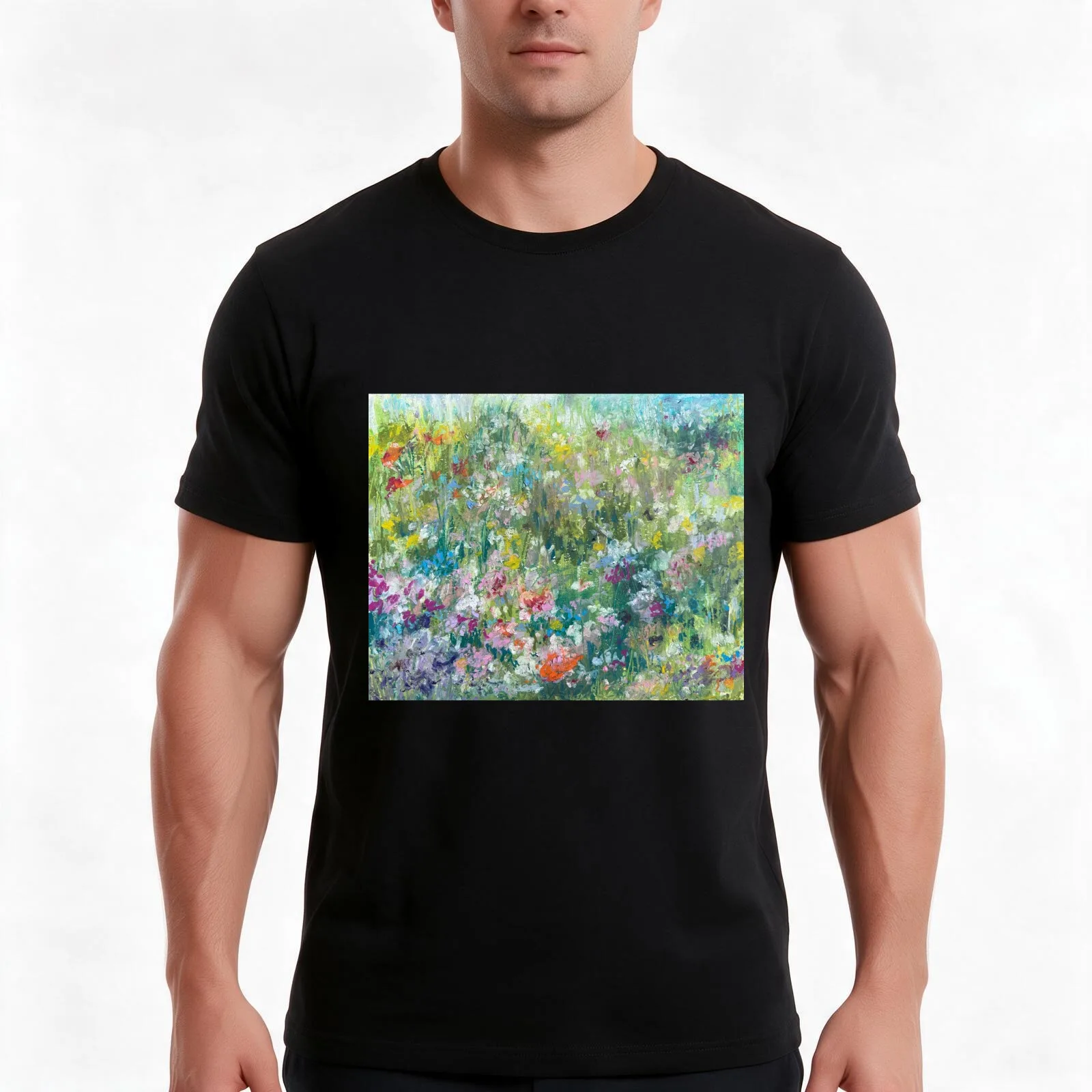 Wild flower meadow in oil pastels T-Shirt Summer Casual Cotton Tee Oversized Streetwear Tops Vintage Graphic Print